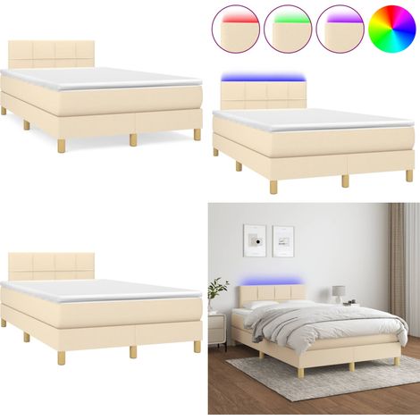 Sommier à lattes de lit matelas et LED crème 120x190 cm tissu - Sommier Tapissier - Lit Créme - Matelas Led - Éclairage LED - Tête De Lit Ajustable - Home & Living (1/5)