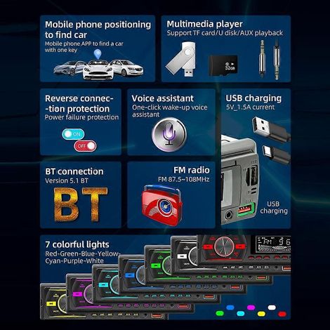Autoradio MP3 avec Bluetooth, radio FM, kit mains libres, lecteur de clé USB/carte TF/entrée auxiliaire. (1/4)