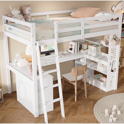 Lit mezzanine 90x200 cm avec étagère et tablette d'angle, avec échelle inclinée, en bois, blanc, sans matelas (1/5)