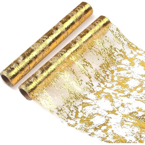 Chemin De Table Filet avec Feuille d'or 28cmx10m, Chemin De Table Polyester,Ruban De Table Métallisé Décoration pour Fête,Célébrations,Anniversaire, Mariage, Noël, Fêtes De Bébé,DIY(2PCS) (1/5)
