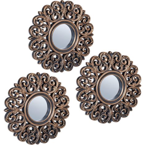 Lot de 3 miroirs, décoration Baroque, Salon, entrée, diamètre de 25 cm, Cadre en Plastique, Bronze - Noir (1/5)