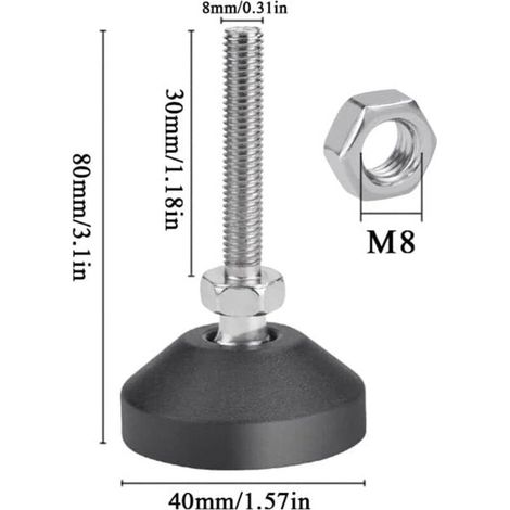Lot de 8 pieds réglables M8 x 30 mm - Vis de fixation - Pieds de meuble - Portables - Inclinaison maximale 20° (8 pièces M8 x 30 mm x Ø 40 mm) (1/4)