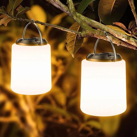 Confezione da due lampade da campeggio ricaricabili, luce bianca calda 3000K, luminosità regolabile, 3 modalità di illuminazione, oltre 10 ore di autonomia, impermeabili. (1/5)