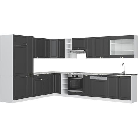 Cucina angolare completa Fame-Line, Antracite casa di campagna/bianco, 347 x 257 cm senza piano di lavoro, Vicco