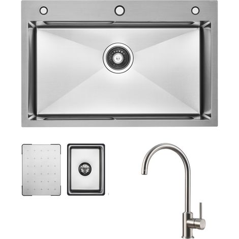 Küchenspüle aus Edelstahl 70x45cm Gebürstete Mit Abtropffläche + Hochdruck-Küchenarmatur Gebürstete Küche Wasserhahn Hohe 363.7MM (1/5)