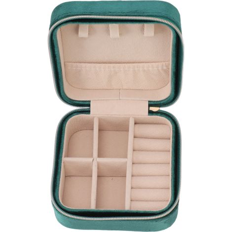 Boîte à bijoux en velours, compacte et zippée, idéale pour les voyages et le quotidien. Vert noir. (1/5)