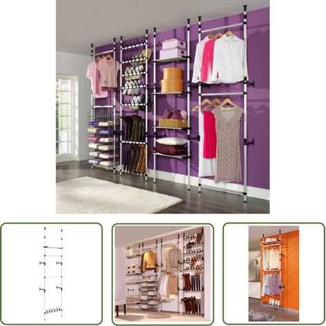 The Living Store Système de garde-robe télescopique barres et étagère Aluminium - Portemanteau Télescopique - Armoire Télescopique - Organisation Garde Robe - Dressing Pliable - Espace Rangement (1/5)
