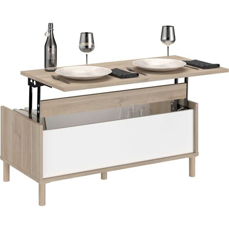 Mesa de centro Elevable Azzaro de Salón Comedor en Color Roble Japonés y Blanco 110x45x60 cm.