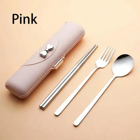 Set de couverts de 3 pièces : fourchette, cuillère, baguettes en acier inoxydable avec boîte de rangement, kit de déjeuner portable pour voyage, camping, pique-nique, couleur rose (1/5)