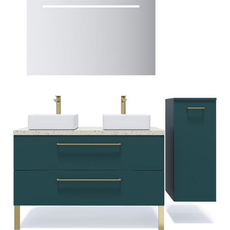 Meuble de salle de bain suspendu 2 vasques à poser 120cm 2 tiroirs Bleu + miroir + colonne ouverture droite - Glasgow (1/5)