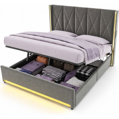 CHICFURN Cama de matrimonio 180x200 cm de terciopelo gris oscuro con almacenaje y LED (1/5)