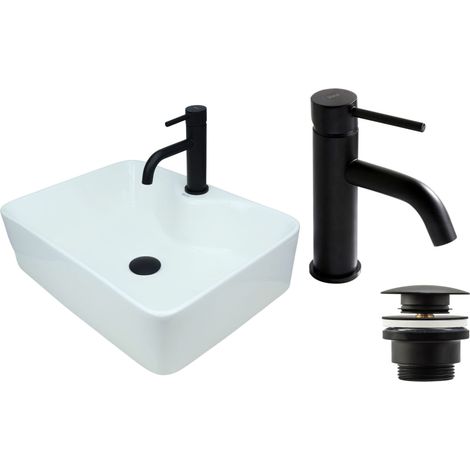 GTM Design Aufsatzwaschbecken 41 cm Glanz Set mit Waschtischbatterie und Stopfen - Aufsatzwaschbecken Rechteckiges für Badezimmer - Modernes Waschbecken ohne Hahnloch - Waschbecken mit Armature (1/5)