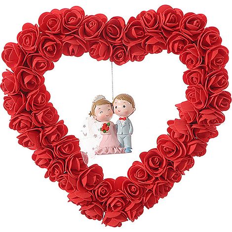 Couronne florale en forme de cœur rose et rouge pour la Saint-Valentin, décoration de mariage/fiançailles, bijou de couronne florale pour embellir l'ambiance, 28 cm (rouge) (1/2)