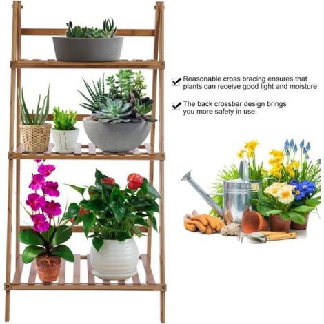 1 Support de plantes, étagère en bambou 3 étages, pliable, barre transversale sécurisée, jardin intérieur extérieur (1/4)