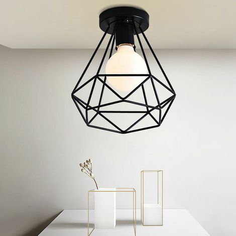 Plafonnier Industrielle Cage Diamant en Métal Fer Rétro lustre Suspension Luminaire E27 Noir (1/4)