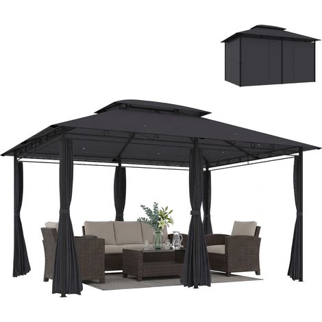 Outsunny cenador para jardín 3x4 m, pabellón de jardín, gazebo con doble techo, 6 paredes laterales, estructura metálica, drenaje, gris