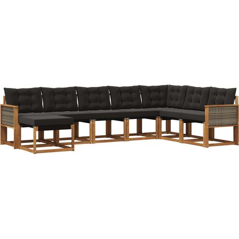 Set di divani da esterno con cuscino 8 pz Salotto da Giardino Naturale e Nero (1/5)