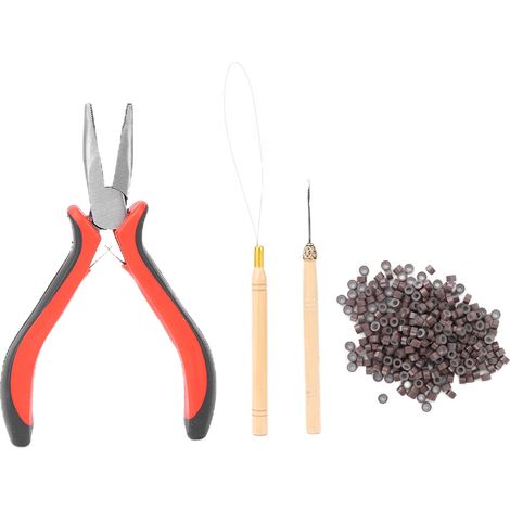 Kit Extension de Cheveux Pince Tire-Aiguille Crochet Perles Outillage pour Extension Capillaire (Pince 3 2 Crochets Aiguille 200 Anneaux) (1/5)