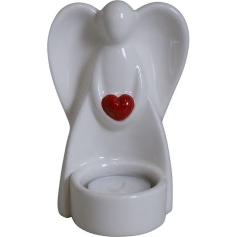 Angelo in ceramica ZA T-light bianco con cuore rosso 8,7 x 7,8 x 12,7