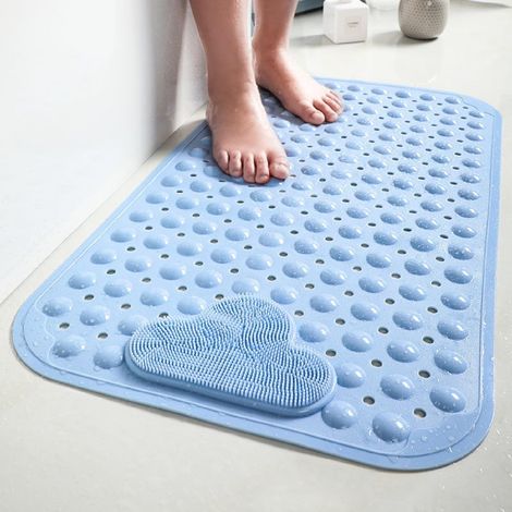 Tapis de douche rectangulaire antidérapant à ventouses, drainage rapide, massage des pieds, 70 x 40 cm, Bleu (1/5)