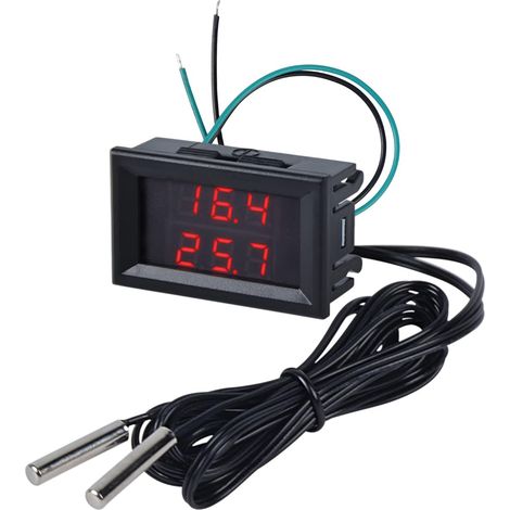 Thermomètre Numérique à Double Affichage LED Température Testeur avec 2 Sondes Étanche DC 4-28V Mini Testeur pour Réfrigérateur Aquarium, Rouge (1/5)
