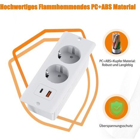 Ingebouwde aansluiting met USB, tafel aansluiting met 2 USB en 2-weg stroomstrek, tafelblad Ingebouwde dubbele stekkers met 2M kabel, Ingebouwde stroomstrek voor werkbladmeubels, Wit (1/4)