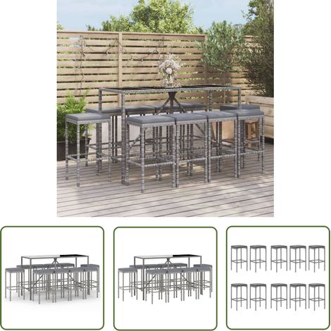The Living Store 11-tlg. Gartenbar-Set mit Kissen Grau Poly Rattan - Gartenbar Set - Outdoor Möbel - Lounge Set - Esszimmergarnitur - Balkonmöbel (1/5)