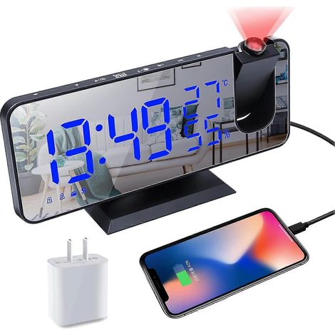 Réveil numérique de plafond avec projecteur et radio pour chambre à coucher, doté d'un port de chargement USB, d'un affichage de la température et de l'humidité, et d'un grand écran LED miroir de 7,3  (1/5)