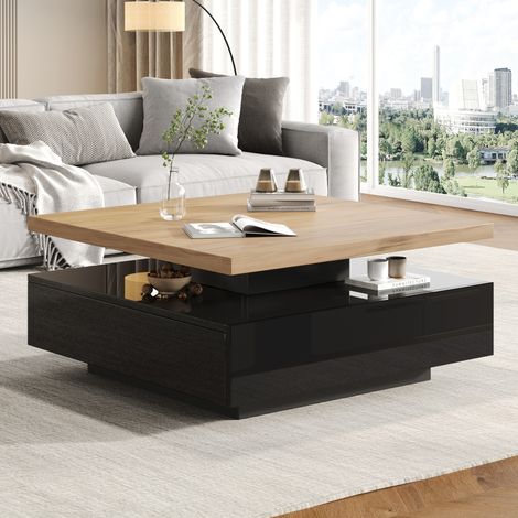 Mesa de centro 70x70x36 cm nogal y negro en tablero de partículas con giro 360° y cajón oculto (1/5)
