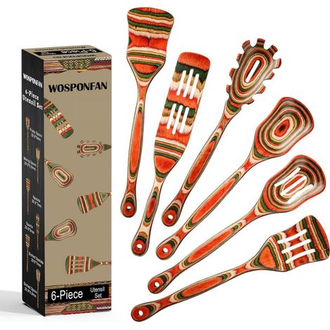 Set aus 7 roten Küchenutensilien aus Holz, Holzlöffel, Holzlöffelset, Küchenutensilienset aus Holz. (1/4)