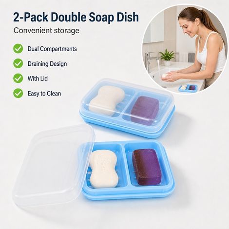 Set de 2 porte-savons doubles, boîte à savon à double compartiment drainante en plastique bleu (1/4)