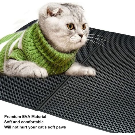 Tapis de litière d'intérieur pour chat, double couche antidérapant avec attrape-chat en EVA, facile à nettoyer, convient aux chatons et aux chats, noir