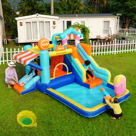 Castillo hinchable acuático infantil con soplador 450 W, toboganes y zona de agua DESVIAE (1/5)