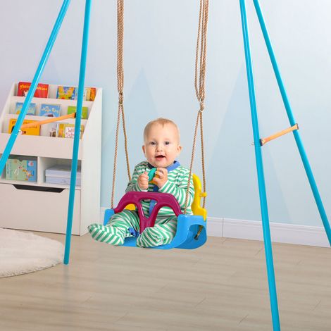 Altalena per bambini Outsunny 3 in 1, regolabile in altezza, con schienale removibile, per uso interno ed esterno, blu+giallo, 42 x 33 x 180 cm
