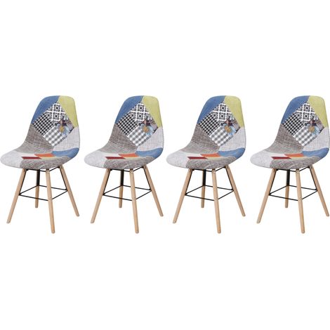 Hobag – Lot de 4 chaises scandinaves patchwork multicolore – Pieds en bois – Largeur d'assise 46cm – Profondeur d'assise 39cm – Hauteur d'assise 45cm (1/3)
