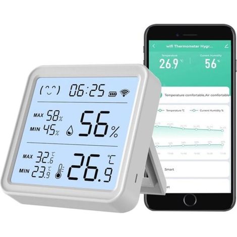 Capteur intelligent WiFi de température et d'humidité avec hygromètre et horloge - Sans fil, écran LCD, application Tuya compatible avec Alexa et Google Home