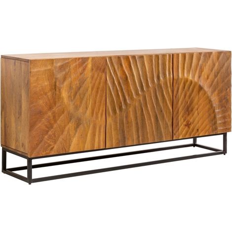 Buffet SILVA 140 cm en bois massif de manguier sculpté – 3 portes et piètement métal noir (1/5)