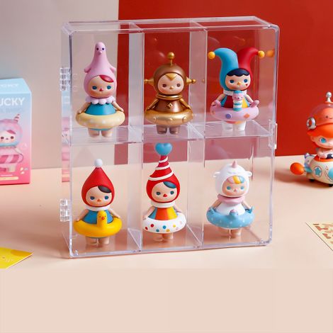 Vitrine pour figurines en acrylique transparent à deux compartiments, anti-poussière, idéale pour la maison ou le bureau (6 compartiments). (1/5)