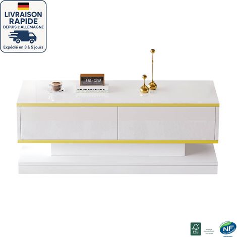 Mesa de centro - Acabado dorado - 100x50x38cm - 2 cajones grandes - Superficie brillante fácil de limpiar - Blanco (1/5)
