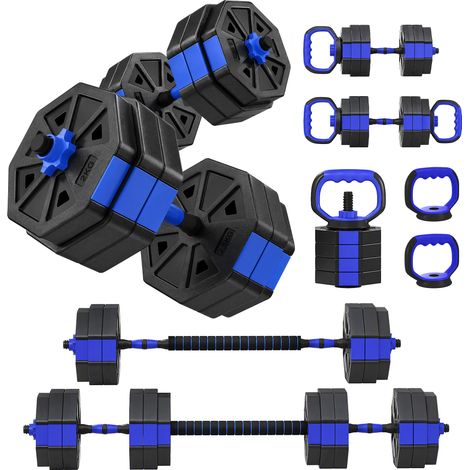 Ensemble d'haltères musculation - SPORTNOW - 6-en-1 - 25 kg - haltère, kettlebell, barre de musculation support pour pompes - bleu