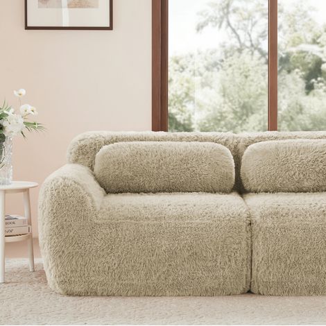 Canapé modulaire sans accoudoirs kaki clair en tissu pelucheux avec coussin et assise moelleuse (1/5)