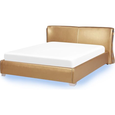 Letto Vera Pelle Color Oro a Doghe Testiera Alta Luci LED 160 x 200 cm Paris