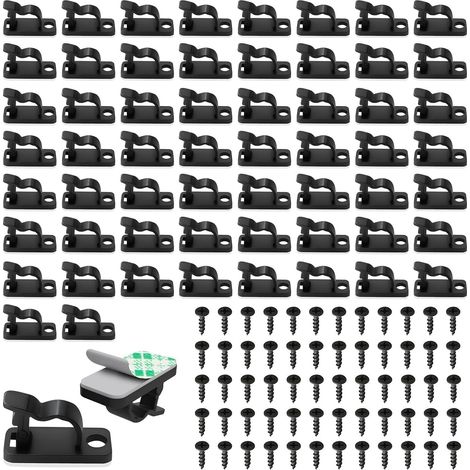 60pcs Attache Cable et Clips Fixation Guirlande Noirs avec Vis et Adhésif Accroche guirlande Exterieur Gouttière, Crochet Mural à Visser pour Fête, Rangement Cable et Fixation Guirlandes Exterieur (1/5)