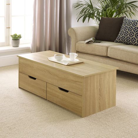 Oak Wooden Coffee Table With Lift Up Top and 2 Large Storage Drawers Bruges