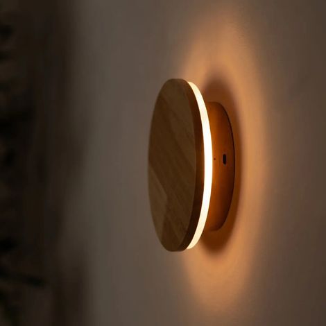 Applique Murale Sans Fil Rechargeable en Bois d'Hévéa Tactile Dimmable Marron Clair 16x16 cm - PANGIVO (1/5)