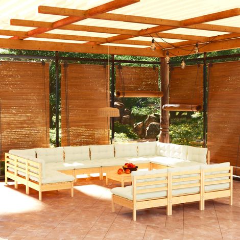 14-tlg. Garten-Lounge-Set mit Creme Kissen Massivholz Kiefer (1/5)