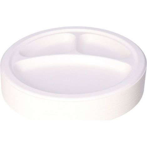 Assiettes à fondue/gourmet DEPA - Lot de 50 - 3 compartiments - blanches - D26 cm - pulpe de canne à sucre - compostables (1/5)