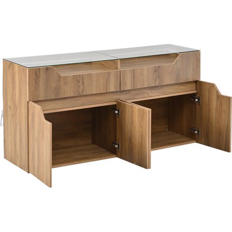 Buffet en MDF avec plateau en verre trempé 140x40x70 cm couleur bois naturel, 2 tiroirs, rangement pour salon et salle à manger (1/5)