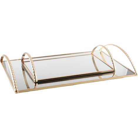 Plateau rectangulaire décoratif en métal doré avec miroir et poignées grand modèle 47 x 30 x 1 cm - PANGIVO (1/4)