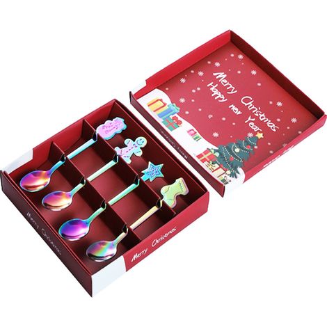 Lot cuillères à café en acier inoxydable, cuillères à dessert et gâteau, cadeau de Noël pour famille et amis, coloré (1/5)